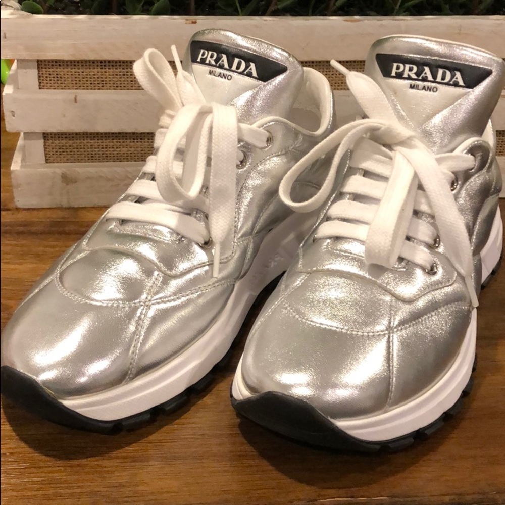 New PRADA Metallic Nylon Lace-Up Trainer Sneakers - Picture 1 of 4